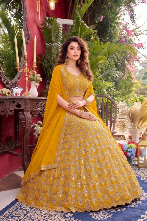 Yellow Faux Georgette Lehenga Choli Ethnic Real Mirror Sequins Embroidery Work With Cancan & Canvas Patta - Back View | Samyak Fashion