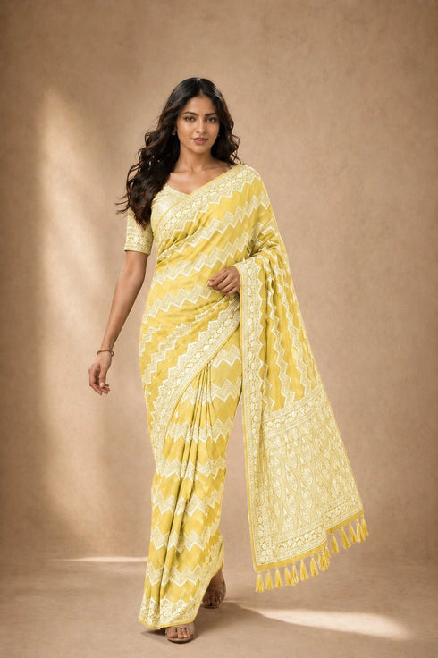 Yellow Georgette Saree With Blouse - Front View | Samyak Fashion