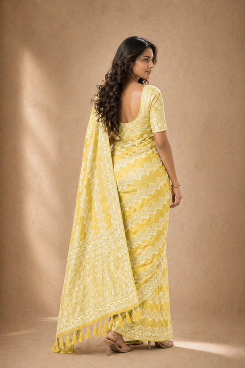 Yellow Georgette Saree With Blouse - Back View | Samyak Fashion