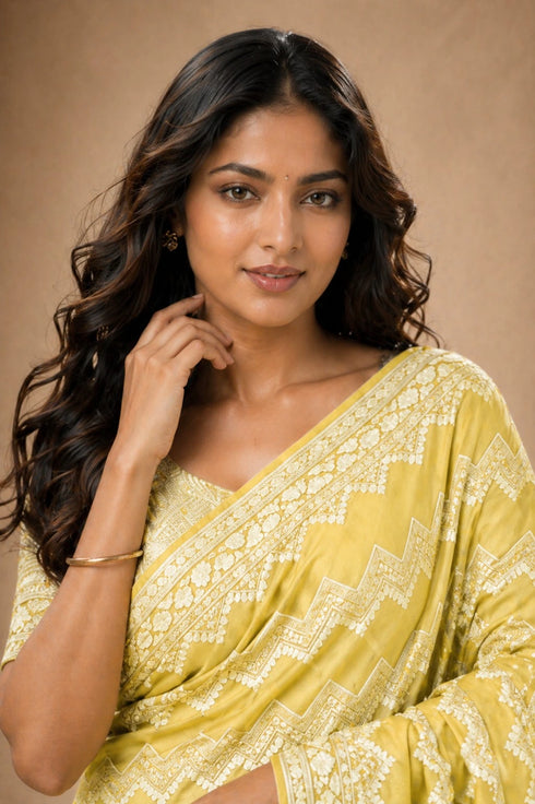 Yellow Georgette Saree With Blouse - Side View | Samyak Fashion