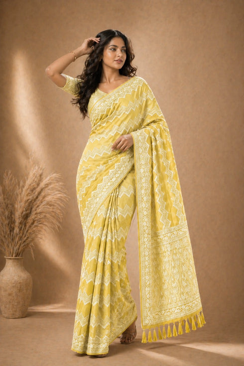 Yellow Georgette Saree With Blouse - Detail View | Samyak Fashion
