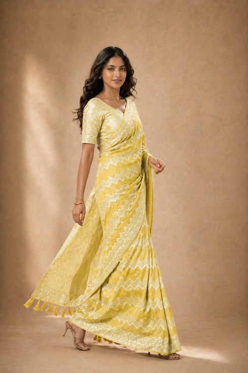 Yellow Georgette Saree With Blouse - Close-up View | Samyak Fashion