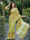 Yellow Green Linen Elegant Party Wear Saree Collection With Blouse - Front View | Samyak Fashion