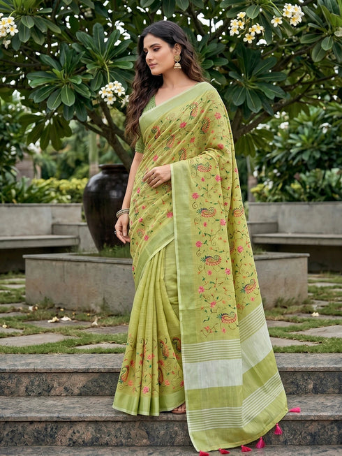 Yellow Green Linen Elegant Party Wear Saree Collection With Blouse - Back View | Samyak Fashion