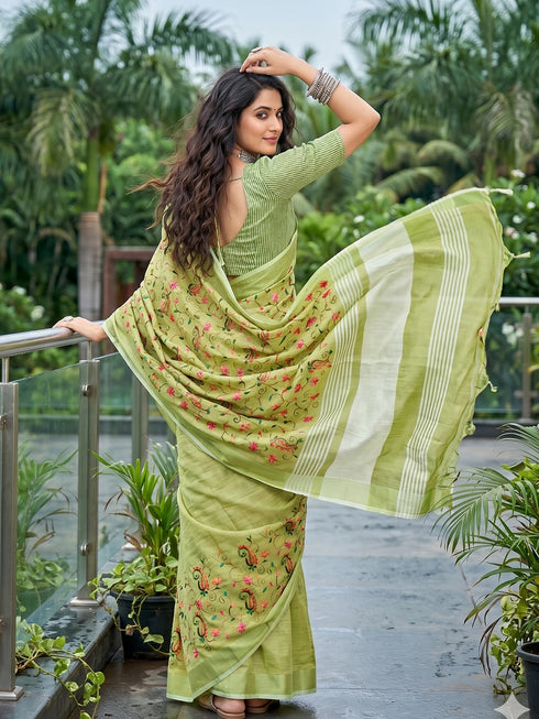 Yellow Green Linen Elegant Party Wear Saree Collection With Blouse - Side View | Samyak Fashion