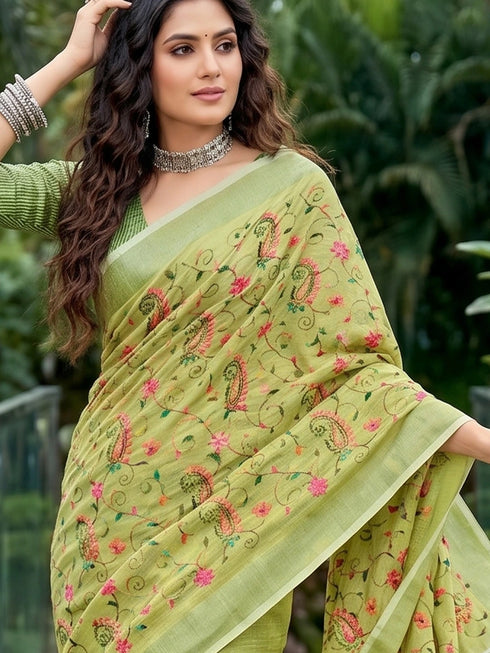 Yellow Green Linen Elegant Party Wear Saree Collection With Blouse - Detail View | Samyak Fashion