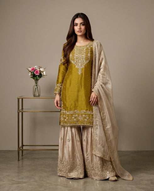 Yellow Heavy Gmy Silk Elegant Salwar Suit - Front View | Samyak Fashion