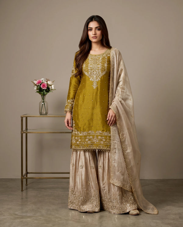Yellow Heavy Gmy Silk Elegant Salwar Suit - Front View | Samyak Fashion