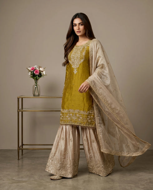 Yellow Heavy Gmy Silk Elegant Salwar Suit - Back View | Samyak Fashion