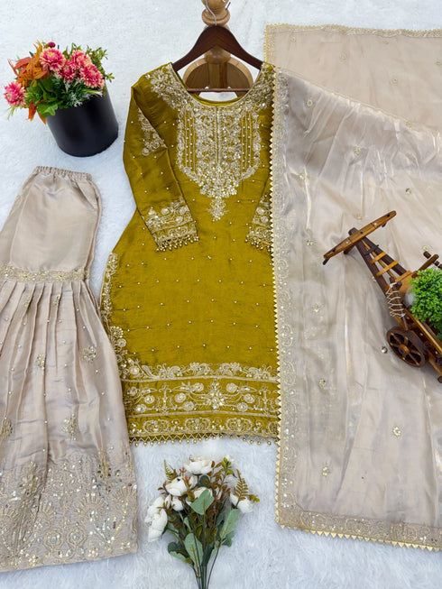 Yellow Heavy Gmy Silk Elegant Salwar Suit - Side View | Samyak Fashion