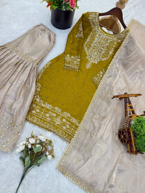 Yellow Heavy Gmy Silk Elegant Salwar Suit - Detail View | Samyak Fashion