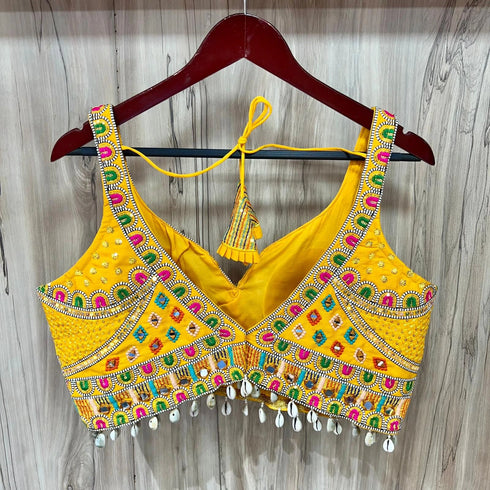 Yellow Heavy Pure Soft Italian Silk With Tricot Fuising Blouse - Detail View | Samyak Fashion