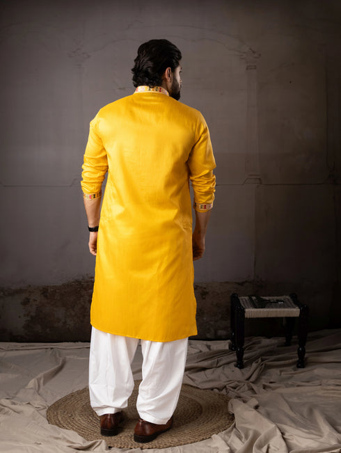 Yellow Linen Mens Kurta With Payjama - Back View | Samyak Fashion