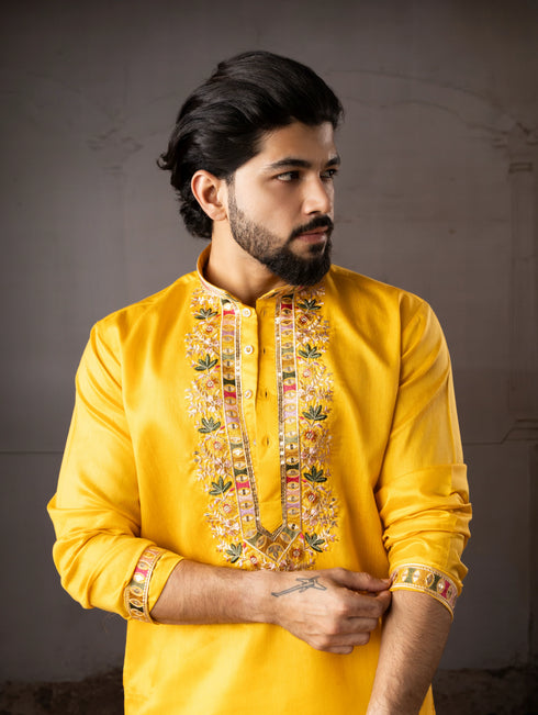 Yellow Linen Mens Kurta With Payjama - Side View | Samyak Fashion