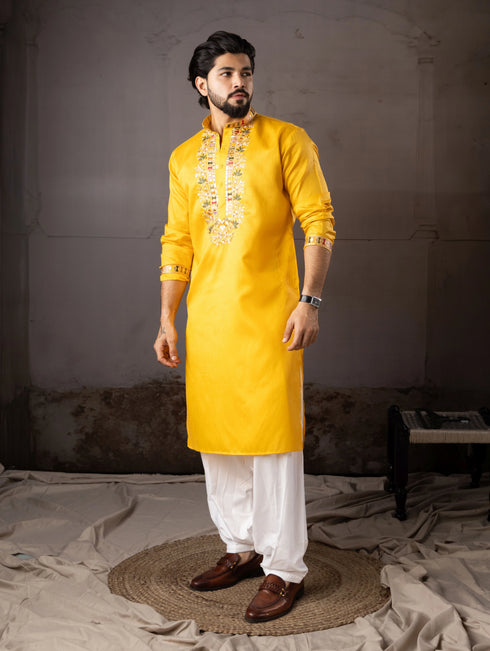 Yellow Linen Mens Kurta With Payjama - Detail View | Samyak Fashion
