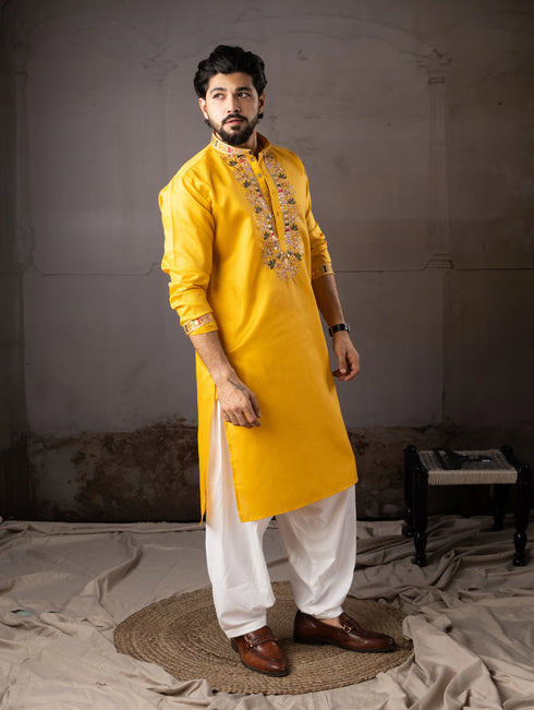 Yellow Linen Mens Kurta With Payjama - Close-up View | Samyak Fashion