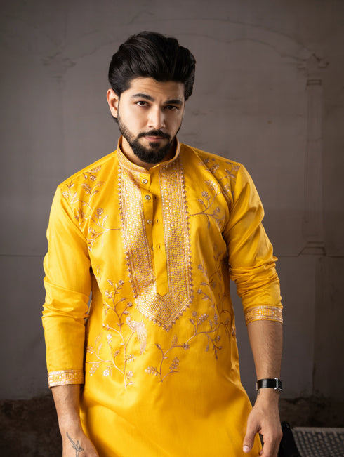 Yellow Linen Mens Kurta With Payjama - Side View | Samyak Fashion
