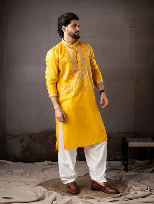 Yellow Linen Mens Kurta With Payjama - Close-up View | Samyak Fashion