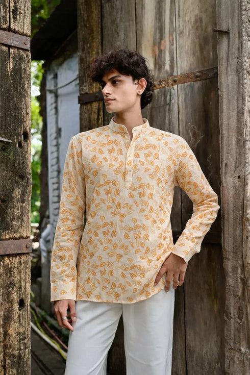 Yellow Linen Mens Short Kurta - Front View | Samyak Fashion