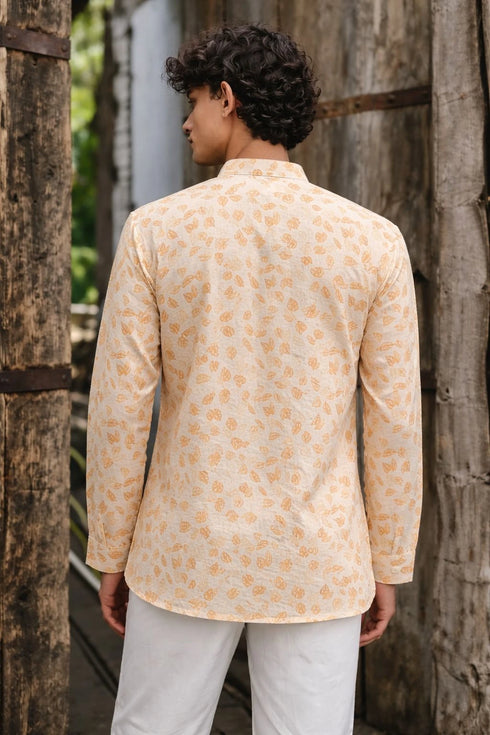 Yellow Linen Mens Short Kurta - Back View | Samyak Fashion