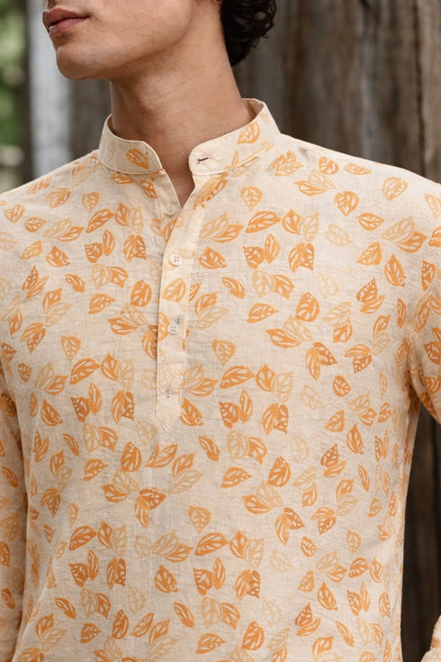 Yellow Linen Mens Short Kurta - Detail View | Samyak Fashion