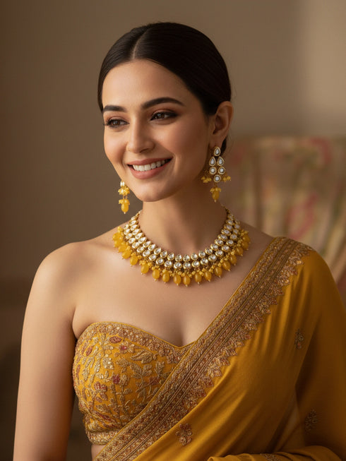 Yellow Necklace Set - Front View | Samyak Fashion