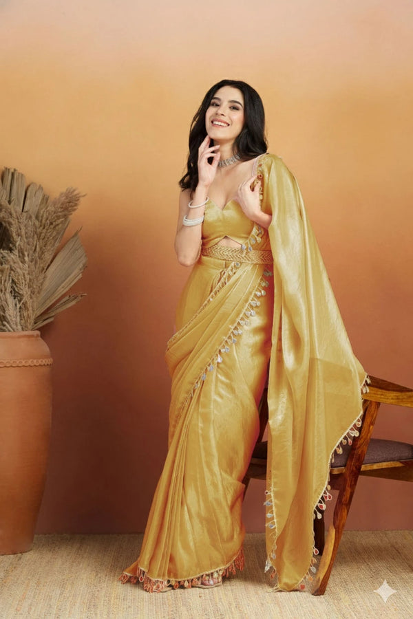 Yellow Organza Garb These Party Wear Ready To Wear Saree In Fine Colored.these Saree Are Organza And Blouse Is Organza Fabricated.its Beautified With Solid With Heavy Lace Border Designer. With Blouse - Front View | Samyak Fashion