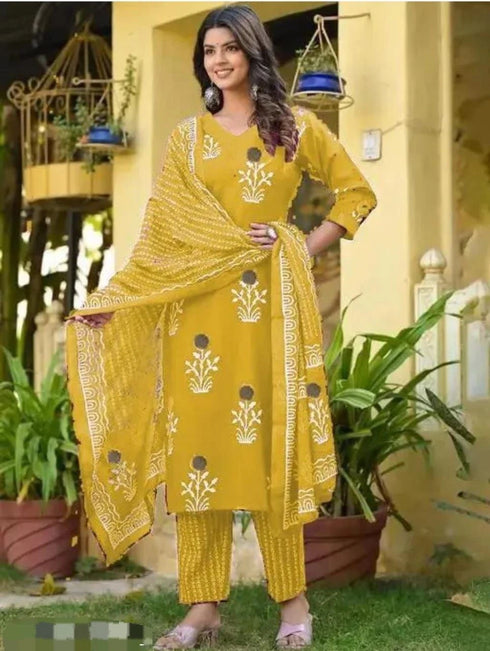 Yellow Poly Rayon Salwar Suit - Front View | Samyak Fashion