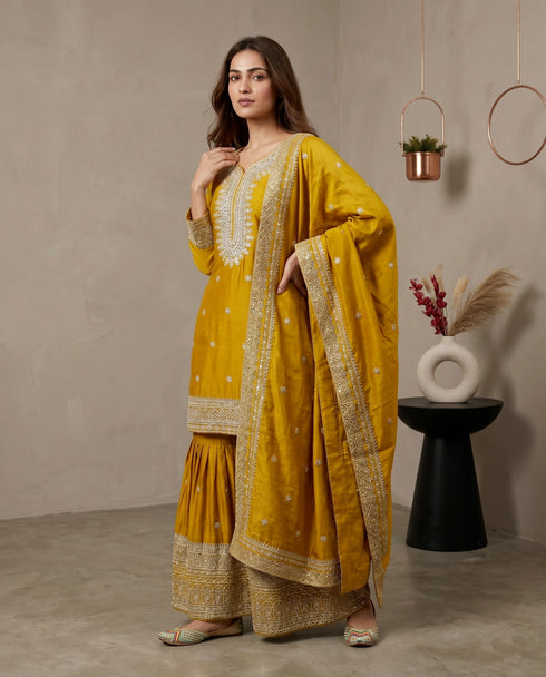 Yellow Pure Heavy Chinnon Silk Elegant Salwar Suit - Back View | Samyak Fashion