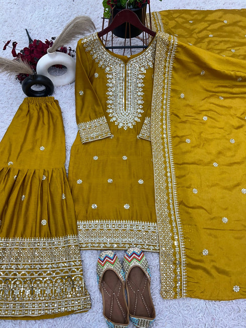 Yellow Pure Heavy Chinnon Silk Elegant Salwar Suit - Side View | Samyak Fashion