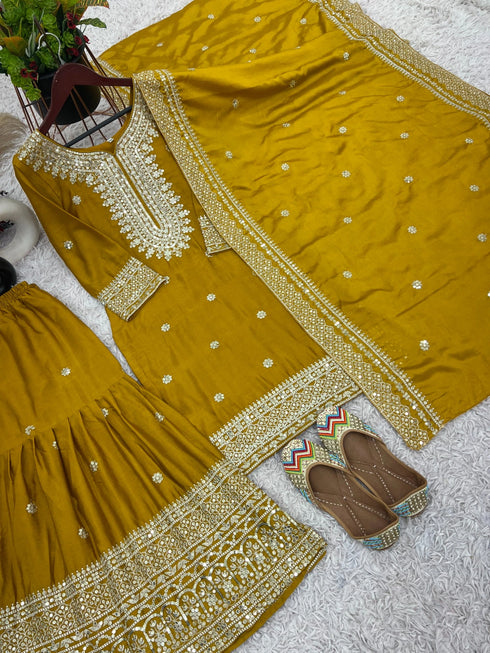 Yellow Pure Heavy Chinnon Silk Elegant Salwar Suit - Detail View | Samyak Fashion