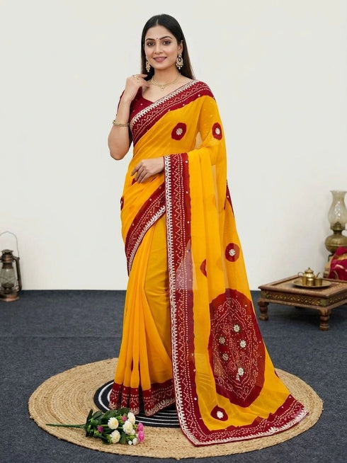 Yellow Pure Soft Cyc Georgette Saree With Blouse - Front View | Samyak Fashion