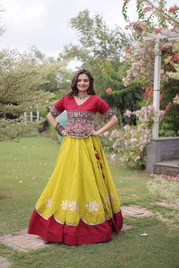 Yellow Roman Silk Lehenga Choli - Front View | Samyak Fashion