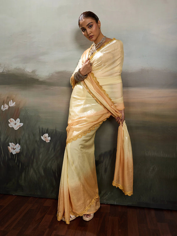 Yellow Satin Elegant Party Wear Saree Collection With Blouse - Front View | Samyak Fashion