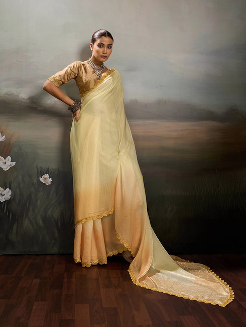 Yellow Satin Elegant Party Wear Saree Collection With Blouse - Back View | Samyak Fashion