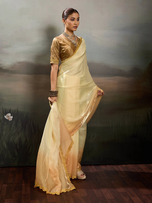 Yellow Satin Elegant Party Wear Saree Collection With Blouse - Side View | Samyak Fashion