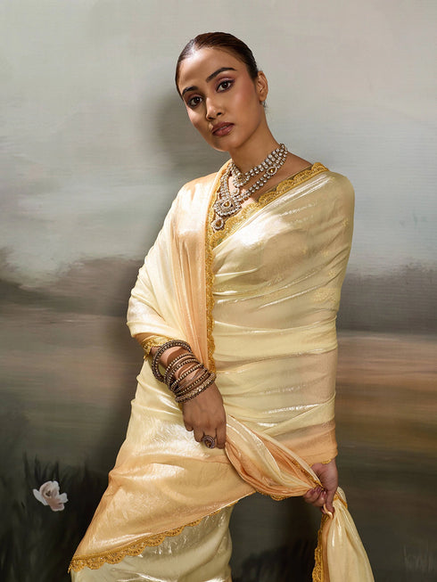 Yellow Satin Elegant Party Wear Saree Collection With Blouse - Close-up View | Samyak Fashion