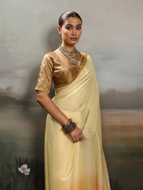 Yellow Satin Elegant Party Wear Saree Collection With Blouse - Full View | Samyak Fashion