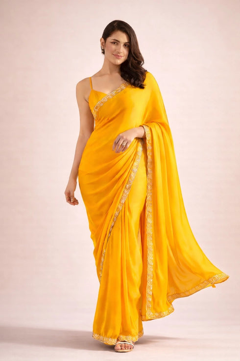 Yellow Satin Saree With Blouse - Front View | Samyak Fashion