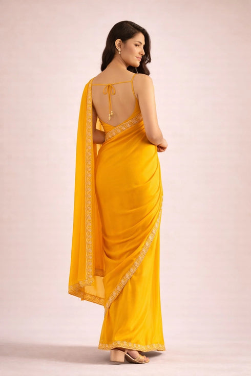 Yellow Satin Saree With Blouse - Back View | Samyak Fashion