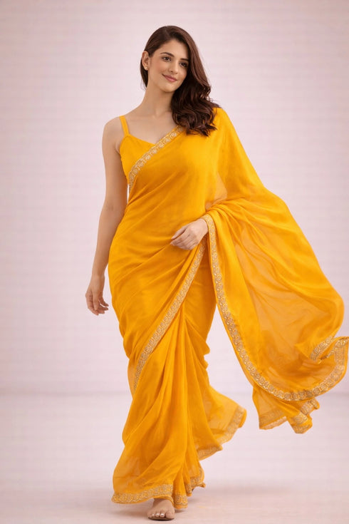 Yellow Satin Saree With Blouse - Close-up View | Samyak Fashion