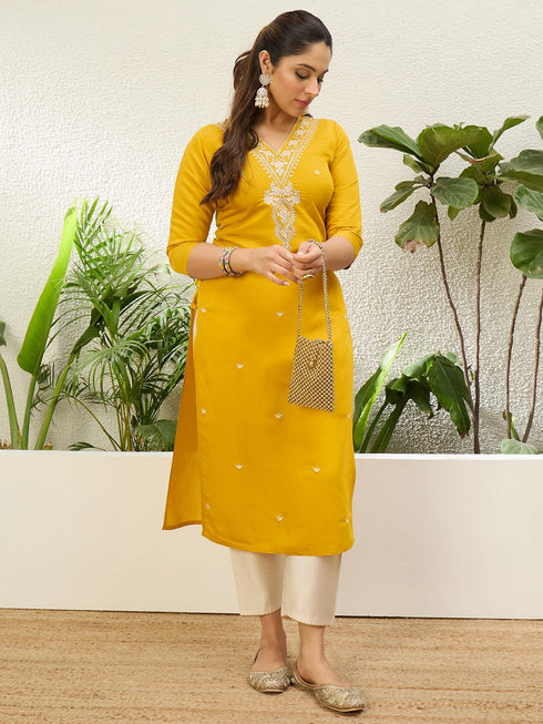 Yellow Silk Blend Long Kurti. - Detail View | Samyak Fashion