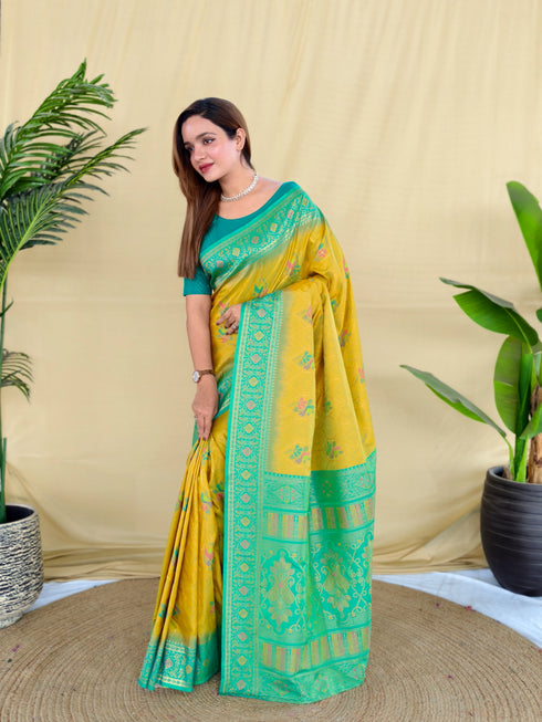 Yellow Silk Elegant Party Wear Saree Collection With Blouse - Back View | Samyak Fashion