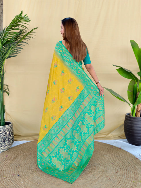 Yellow Silk Elegant Party Wear Saree Collection With Blouse - Detail View | Samyak Fashion