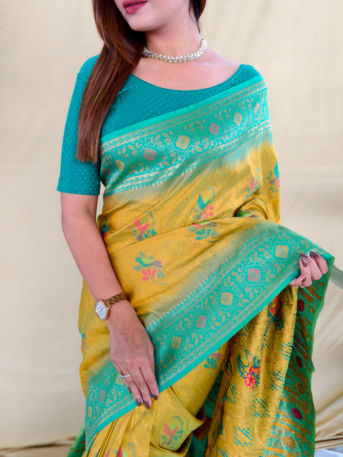 Yellow Silk Elegant Party Wear Saree Collection With Blouse - Full View | Samyak Fashion