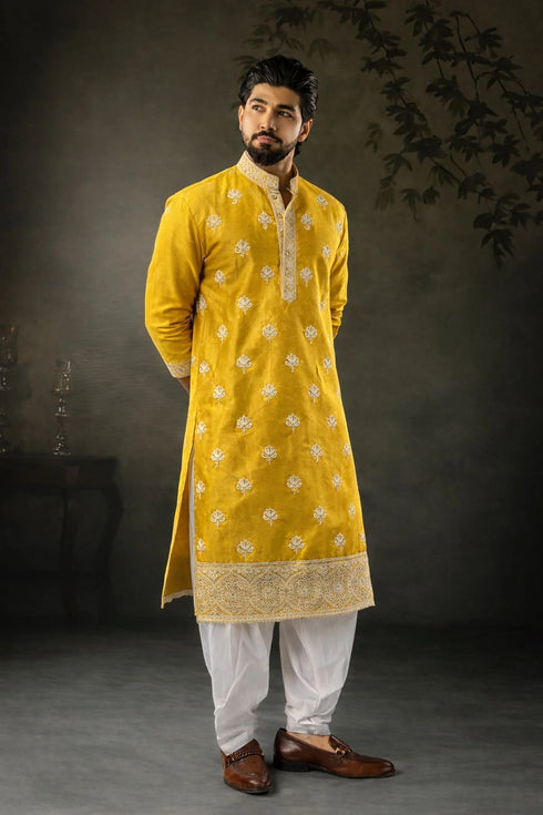 Yellow Silk Mens For A Festive And Kurta With Payjama - Front View | Samyak Fashion