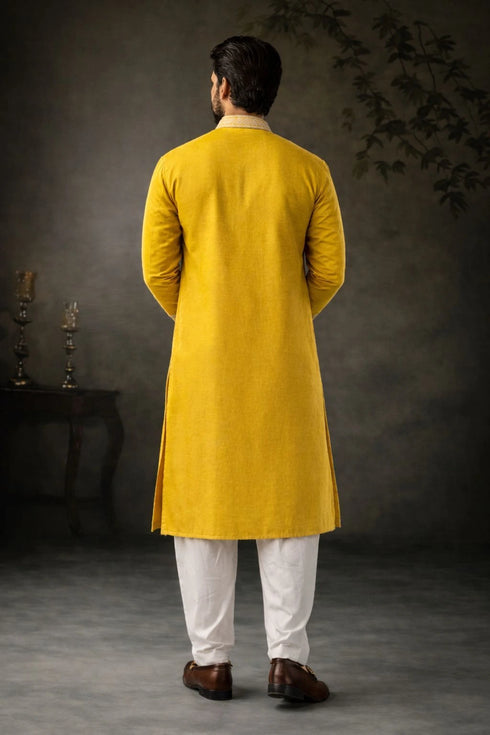 Yellow Silk Mens For A Festive And Kurta With Payjama - Back View | Samyak Fashion