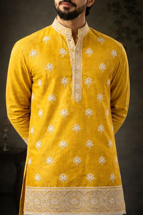 Yellow Silk Mens For A Festive And Kurta With Payjama - Side View | Samyak Fashion