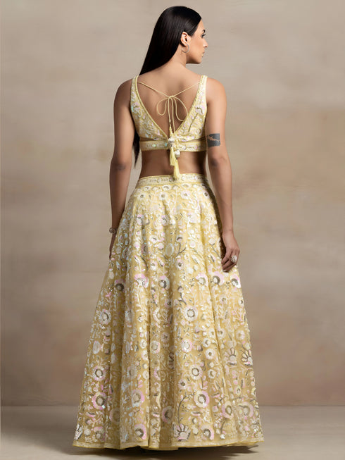 Yellow Soft Net Lehenga Choli - Back View | Samyak Fashion