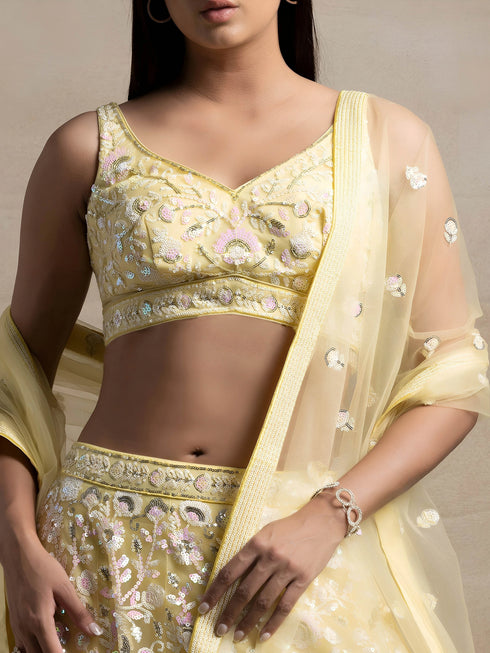 Yellow Soft Net Lehenga Choli - Side View | Samyak Fashion